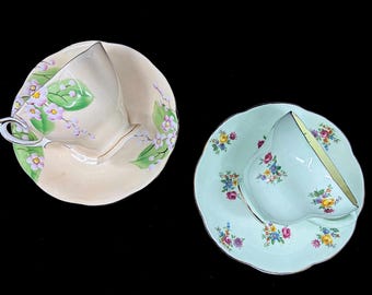 Set of 2 Vintage Handpainted Royal Albert Blossom and Foley Green Cups and Saucers