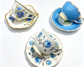 Set of 3 Vintage Blue Bone China Tea Cups Saucers