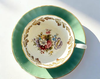 Vintage Aynsley Teacup and Saucer, Aqua Green and Gold