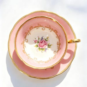 Vintage Aynsley Pink & Gold Teacup and Saucer Set, Rose Centre, Fine Bone China, England