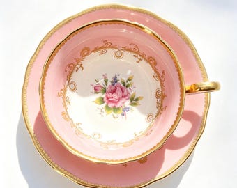Vintage Aynsley Pink & Gold Teacup and Saucer Set, Rose Centre, Fine Bone China, England