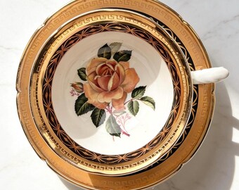 Vintage Royal Grafton Large Yellow Rose Black and Gold Bone China Teacup and saucer