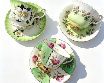 Curated Set of 3 Vintage English Bone China Garden Teacup Collection, Sage Green