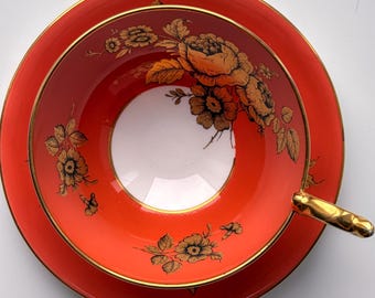 Vintage Aynsley Orange Gold Floral Teacup Saucer England Bone China