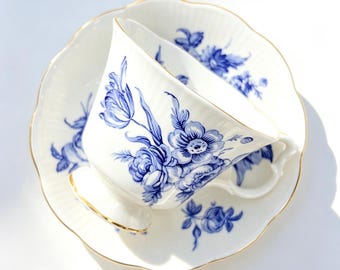 Vintage Royal Albert Cobalt Blue Floral Teacup and Saucer Set