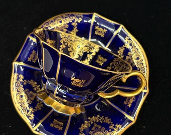 Vintage Rare Lindner Kueps Bavaria Echt Cobalt Teacup and Saucer – Heavy Gilt, Germany