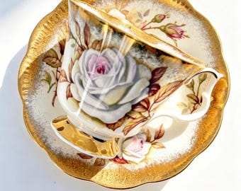 Vintage Royal Albert Large Rose Heavy Gold Gilt Teacup Saucer