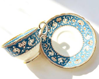Vintage Staffordshire Ellesmere Teacup Saucer, Turquoise Raised Relief Gold Trim