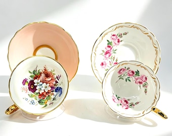 Set of 2 Vintage Pink Floral Teacup and Saucer Hammersley and Royal Stafford Bridesmaid