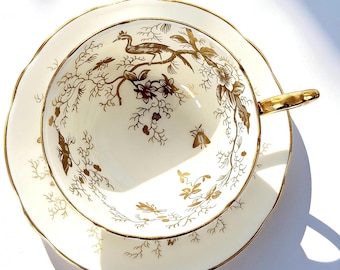 Vintage Coalport Bone China Teacup and Saucer, Gold Cairo Pattern, Chinoiserie Bird