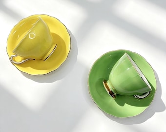 Set of 2 Vintage Green and Yellow Floral Teacup Set