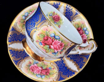Vintage Paragon Rose Panel Teacup and Saucer – Cobalt Blue and Heavy Gilt, England