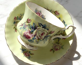 Vintage Royal Albert Teacup and Saucer Green Floral Pink Rose