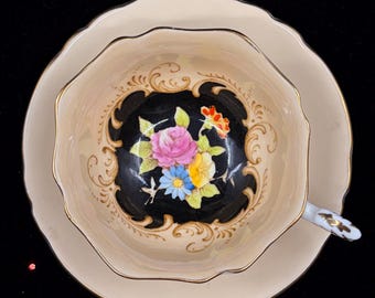 Vintage Paragon Teacup and Saucer – Black Floral Centre, Ivory Ground