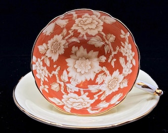 Vintage Paragon Orange Floral Teacup and Saucer, Rare Interior Pattern