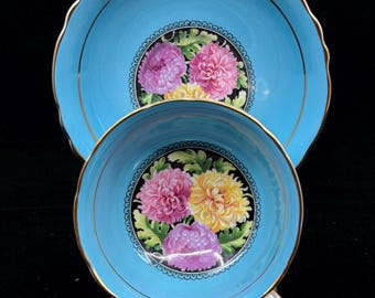 Vintage Paragon Double Warrant Teacup and Saucer, Robin’s Egg Blue, Chrysanthemum Centre
