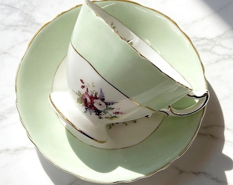 Vintage Hammersley Mint Green Floral Teacup and Saucer, Footed Bone China Set