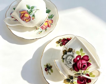 Set of 2 Vintage Royal Albert English Rose Floral Duo Teacup and Saucer