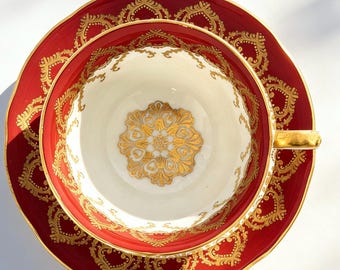 Vintage Aynsley Teacup and Saucer Red and Gold Gilt Royal Style