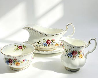 Vintage Royal Albert Jubilee Rose Gravy Boat with Underplate or Creamer Sugar Set