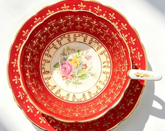 Vintage Royal Stafford Floral Centre Red and Gold Teacup and Saucer