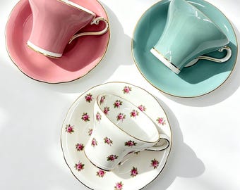 Set of 3 Vintage Aynsley Pastel Corset Teacups and Saucers
