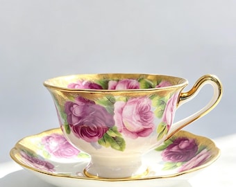 Vintage Royal Albert Old English Rose Heavy Gold Gilt Teacup Saucer