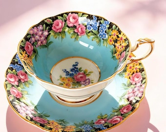 Vintage Paragon Turquoise Blue Scallop Shape Queen Mary Warrant Teacup and Saucer