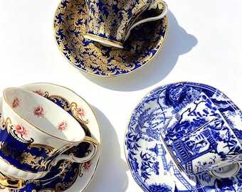 Group of 3 Vintage Cobalt Blue Teacup Saucer Sets, English Bone China Collection