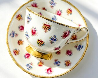 Vintage Royal Chelsea Chintz Floral Gold Foot Bone China Teacup and Saucer