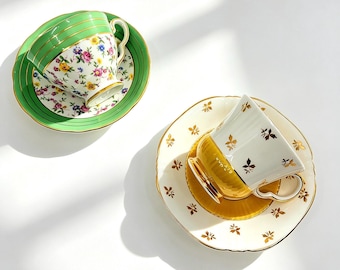 Set of 2 Vintage Green Floral & Yellow Gold Accent Cottagecore Afternoon Tea Set