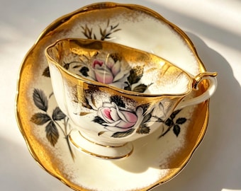 Vintage Royal Albert Teacup and Saucer, Pink Rose  Heavy Gold Trim