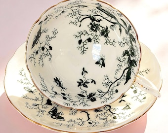 Vintage Coalport Teacup and Saucer, Cairo Pattern Emerald Green Chinoiserie