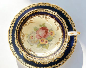 Vintage Paragon Double Warrant Cobalt Blue Gold Teacup Saucer, Rose Floral