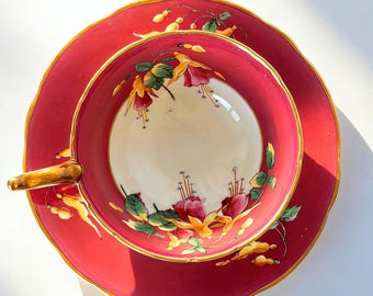 Vintage Coalport Teacup and Saucer, Ruby Red with Hand-Painted Fuchsia Flowers