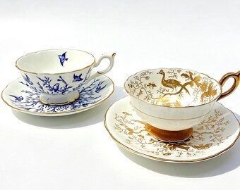 Set of 2 Vintage Coalport Teacup Saucer, Hand Decorated Woodland & Chinoiserie Designs