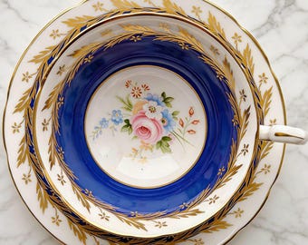 Vintage Paragon Cobalt Blue Gold Gilt Floral Teacup Saucer