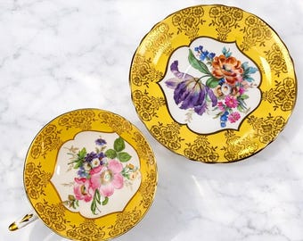 Vintage Paragon Yellow Gold Teacup and Saucer Hand Painted Floral Gold Trim
