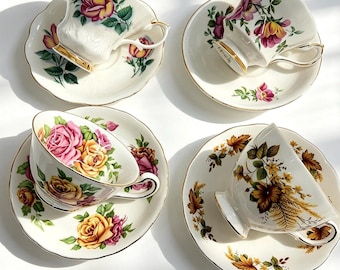 Set of 4 Vintage Floral Teacup Saucer Collection for Tea Party