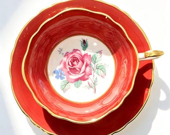 Vintage Paragon Double Warrant Red Center Large Pink Rose Teacup and Saucer