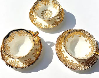 Set of 3 Vintage Gold Gilt Bone China Tea Cups Saucers
