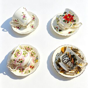 Set of 4 Vintage Bone China Tea Cup Assorted Floral, Yuletide & Scenic