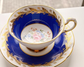 Vintage Paragon Cobalt Blue Gold Gilt Floral Bone China Teacup Saucer