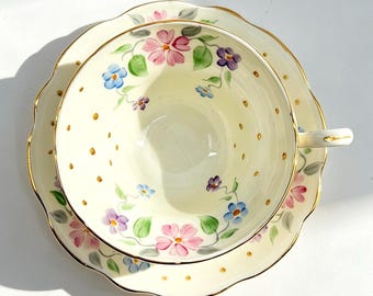 Vintage Foley Hand Painted Pastel Flower Bone China Teacup and Saucer