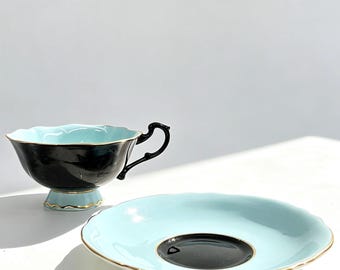 Vintage Paragon Double Warrant Black and Aqua Blue Teacup and Saucer