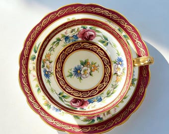 Vintage Paragon Double Warrant Teacup and Saucer, Red & Gold Floral Bone China