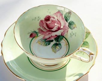 Vintage Paragon Large Cabbage Rose Mint Green Teacup and saucer