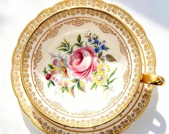 Vintage Paragon Floral Teacup and Saucer, Pink Rose, Heavy Gold Trim
