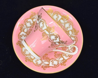 Vintage Aynsley Corset Teacup and Saucer, Blush Pink and Gold Filigree
