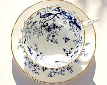 Vintage Coalport Teacup and Saucer, Cairo Pattern Cobalt Blue Chinoiserie